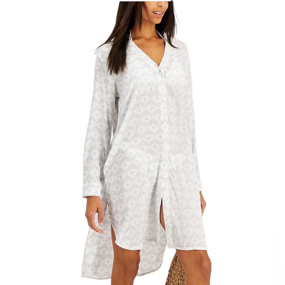 NWT🌺J Valdi•Swim Cover Swiss Dot Pearl Button Long Sleeve